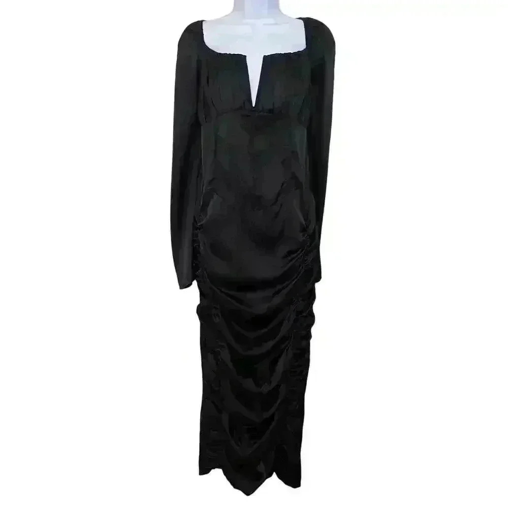 PrettyLittleThing Plus Black Satiny Ruched Corset Midi Dress